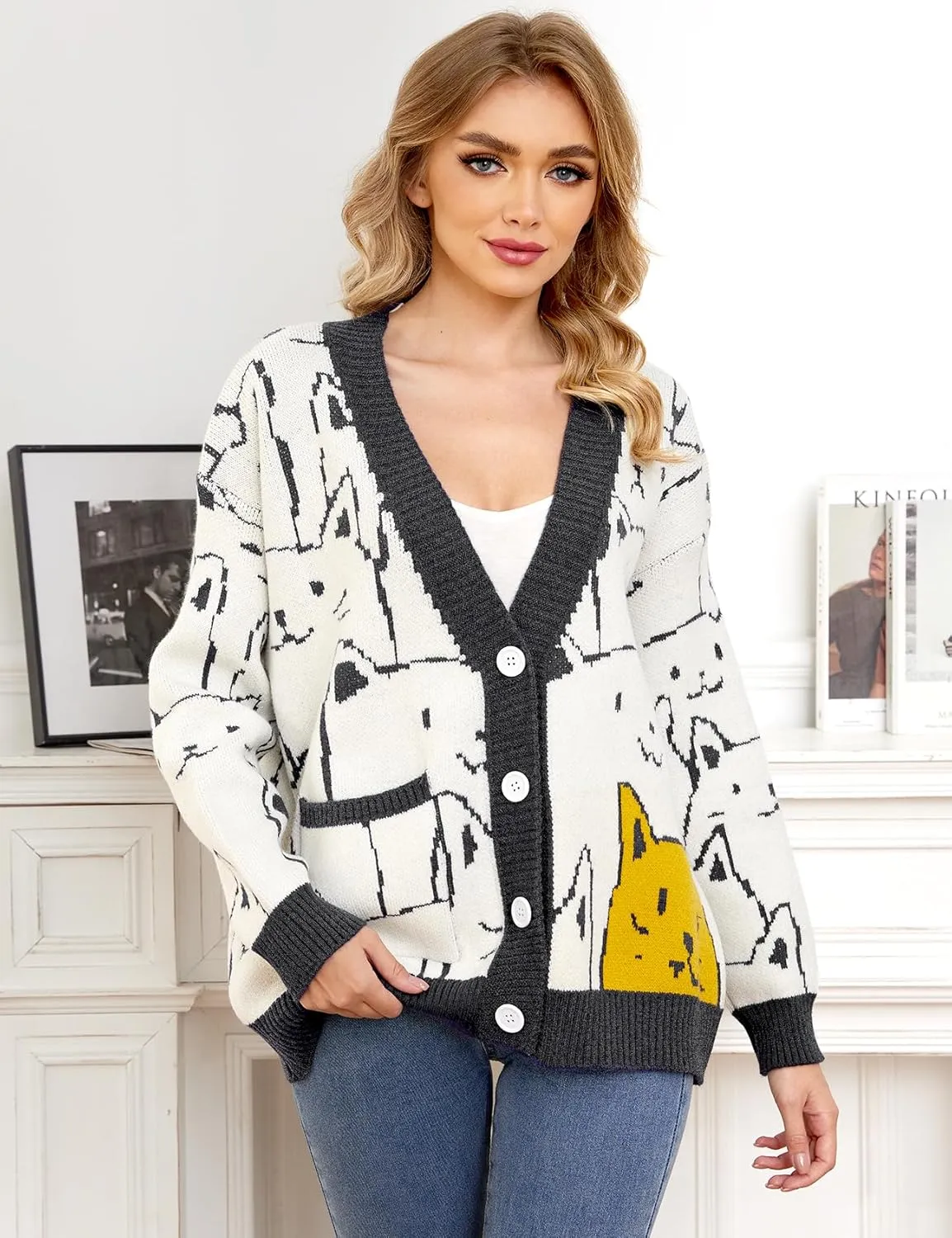 Arssm Cat Sweater for Women Oversized Button Down V Neck Cable Knit Sweater Cute Kawaii Cartoon Cardigan Coat