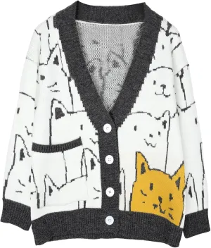 Arssm Cat Sweater for Women Oversized Button Down V Neck Cable Knit Sweater Cute Kawaii Cartoon Cardigan Coat