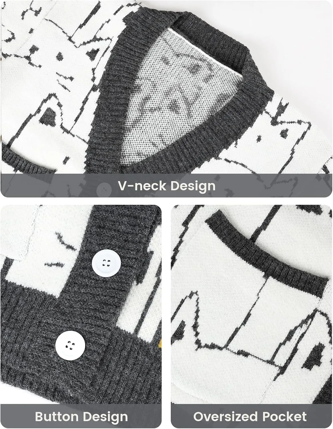 Arssm Cat Sweater for Women Oversized Button Down V Neck Cable Knit Sweater Cute Kawaii Cartoon Cardigan Coat