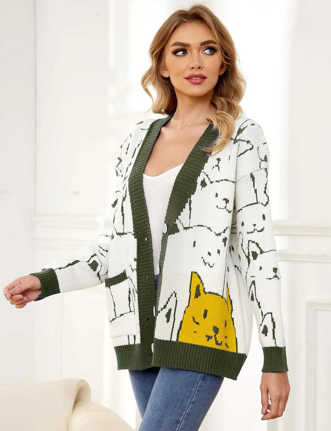 Arssm Cat Sweater for Women Oversized Button Down V Neck Cable Knit Sweater Cute Kawaii Cartoon Cardigan Coat