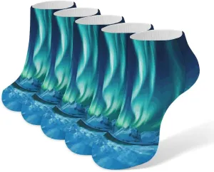 Athletic Cushion Ankle Socks for Women,Northern Lights Low Cut Tab Socks Running Sport Quarter Socks No Show Socks 5-Pairs