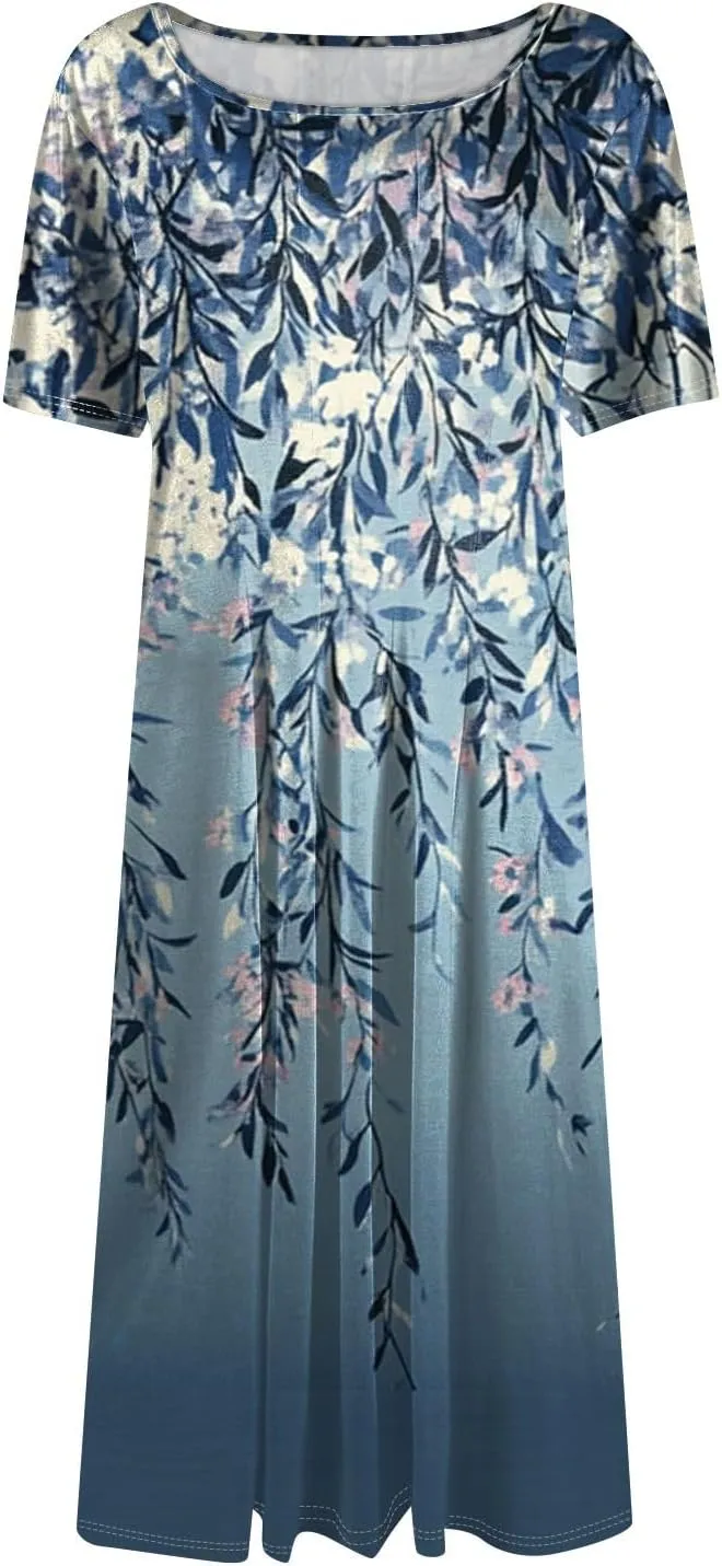 Azeralia Womens Summer Casual Crew Neck Midi Dress Flowy A-line Short Sleeve Floral Printed Dresses Elegant Formal Clothes