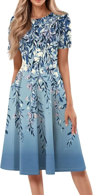 Azeralia Womens Summer Casual Crew Neck Midi Dress Flowy A-line Short Sleeve Floral Printed Dresses Elegant Formal Clothes
