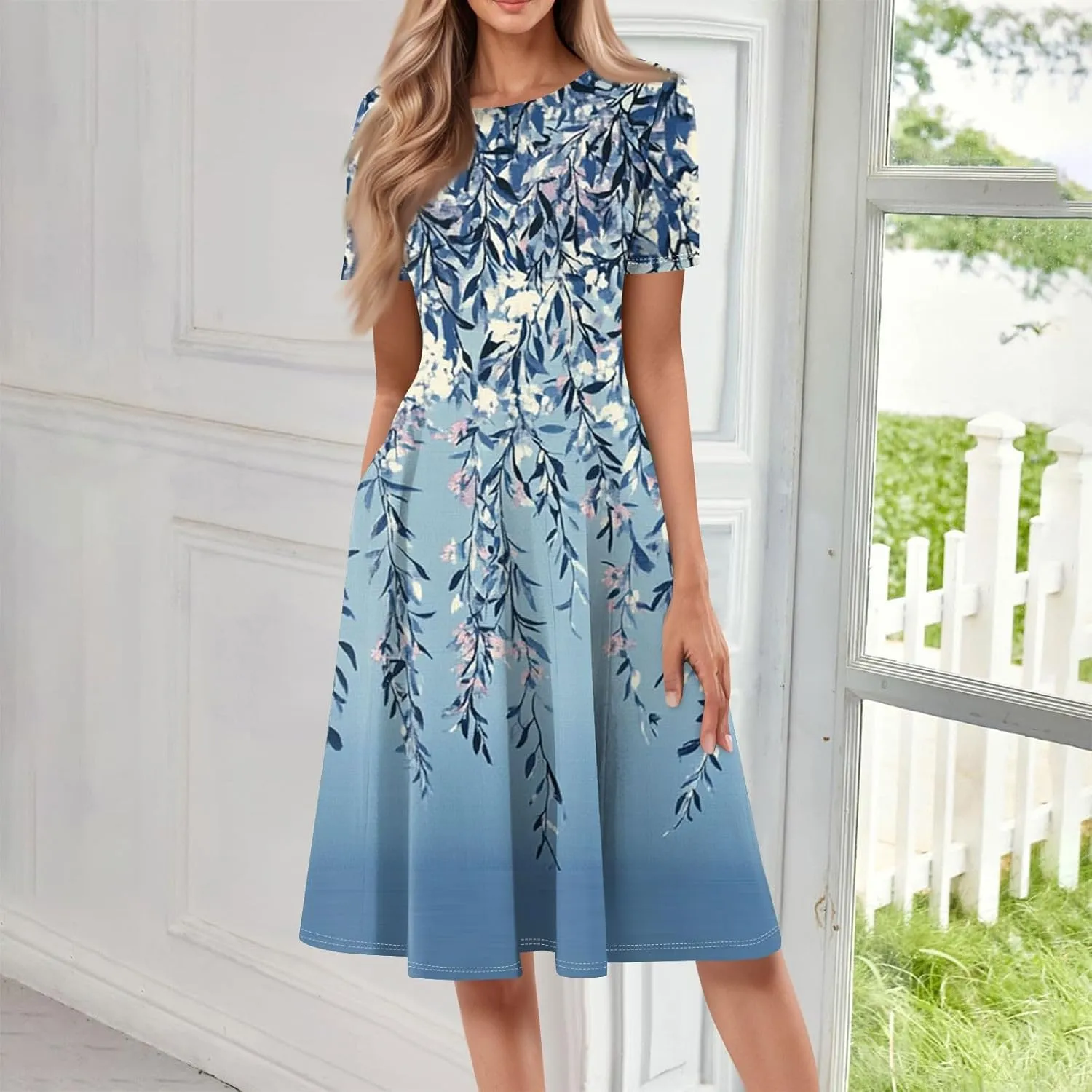 Azeralia Womens Summer Casual Crew Neck Midi Dress Flowy A-line Short Sleeve Floral Printed Dresses Elegant Formal Clothes