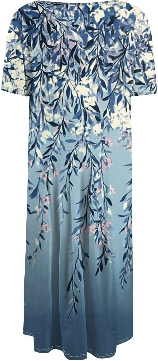 Azeralia Womens Summer Casual Crew Neck Midi Dress Flowy A-line Short Sleeve Floral Printed Dresses Elegant Formal Clothes