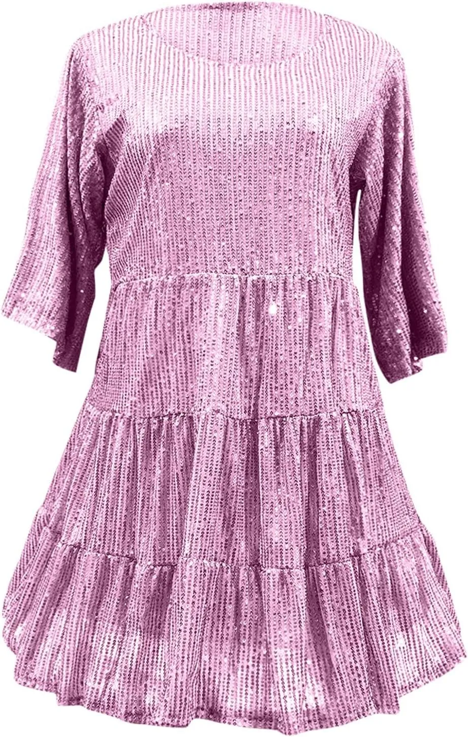Azeralia Womens Summer Dress Short Sleeve A-Line Double Layer Hem Mini Dresses Elegant Sequin Sparkle Party Dress