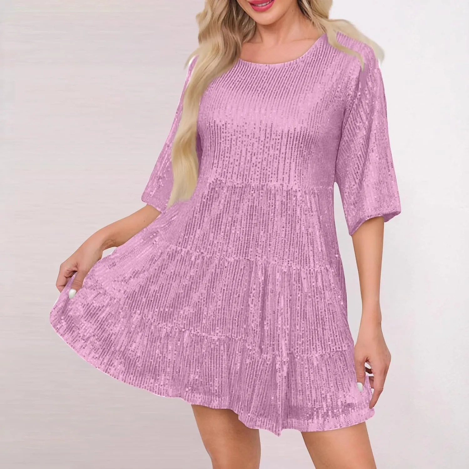 Azeralia Womens Summer Dress Short Sleeve A-Line Double Layer Hem Mini Dresses Elegant Sequin Sparkle Party Dress