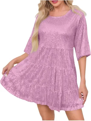 Azeralia Womens Summer Dress Short Sleeve A-Line Double Layer Hem Mini Dresses Elegant Sequin Sparkle Party Dress