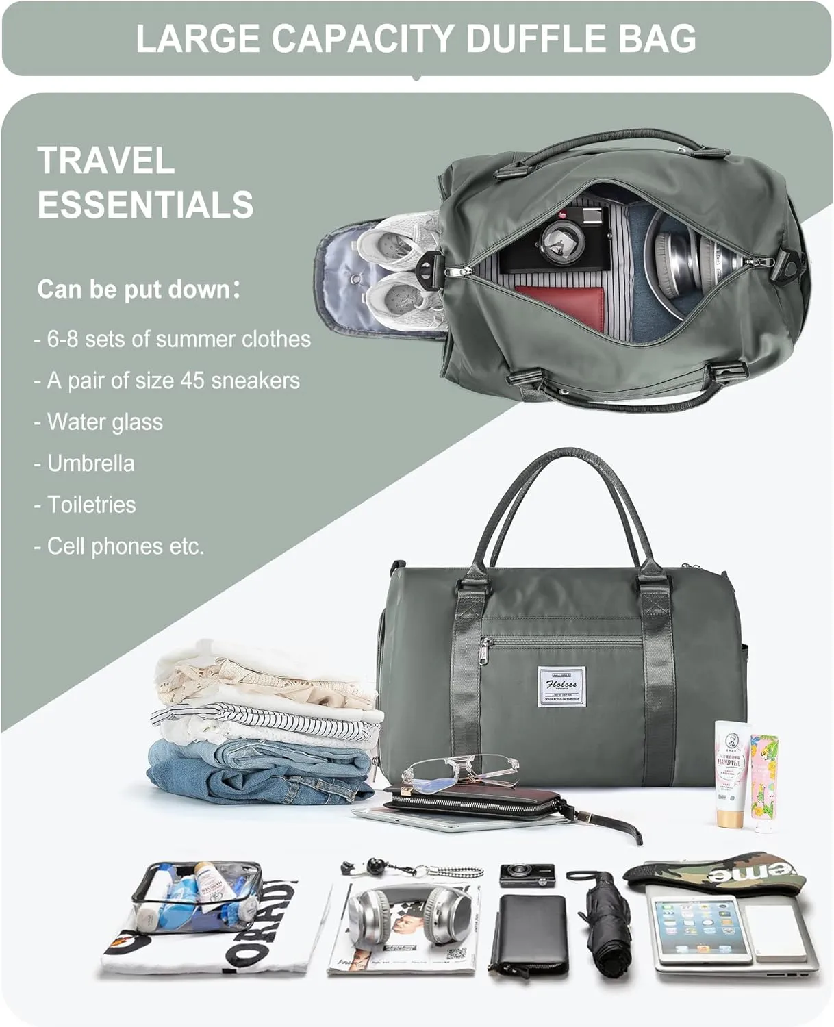 Bag Womens Mens with Shoes Compartment and Wet Pocket,Travel Duffel Bag for Women for Plane,Sport Tote Bags Swimming Yoga,Small Waterproof Weekend Overnight Bag Carry on Bag Hospita