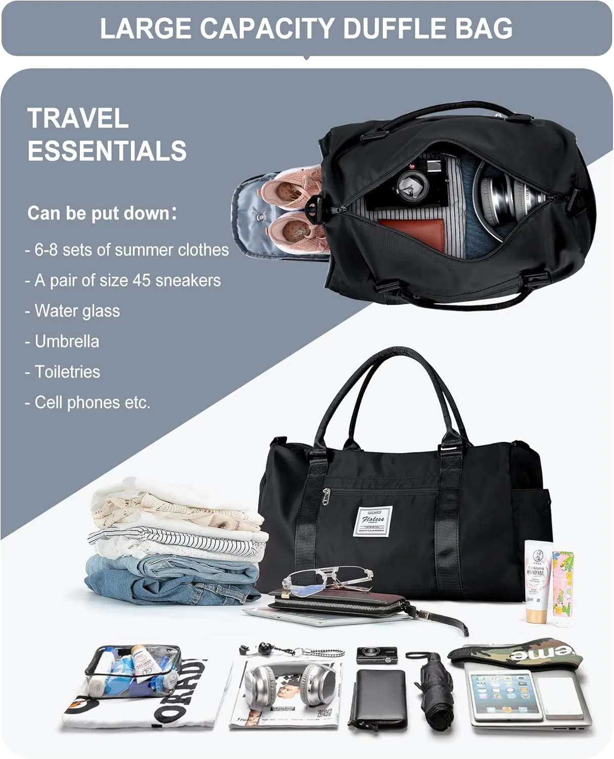Bag Womens Mens with Shoes Compartment and Wet Pocket,Travel Duffel Bag for Women for Plane,Sport Tote Bags Swimming Yoga,Waterproof Weekend Overnight Bag Carry on Bag Hospital Holdalls