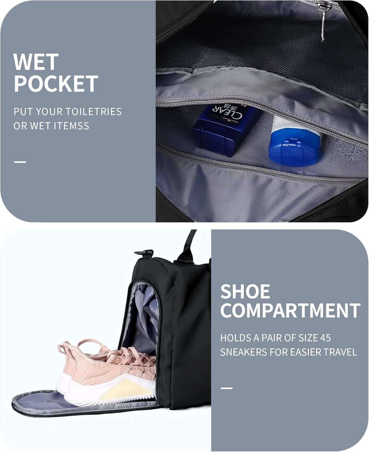 Bag Womens Mens with Shoes Compartment and Wet Pocket,Travel Duffel Bag for Women for Plane,Sport Tote Bags Swimming Yoga,Waterproof Weekend Overnight Bag Carry on Bag Hospital Holdalls