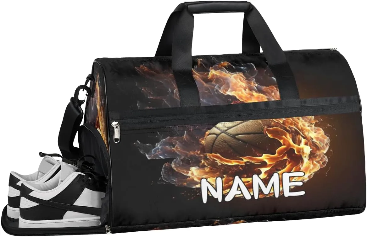 Basketball Flame Sports Sports Gym Bag with Wet Pocket & Shoes Compartment Travel Duffel Bag for Women Men Custom Sports Gym Bag Personalized Overnight Stay Weekend Tote Beach Luggage