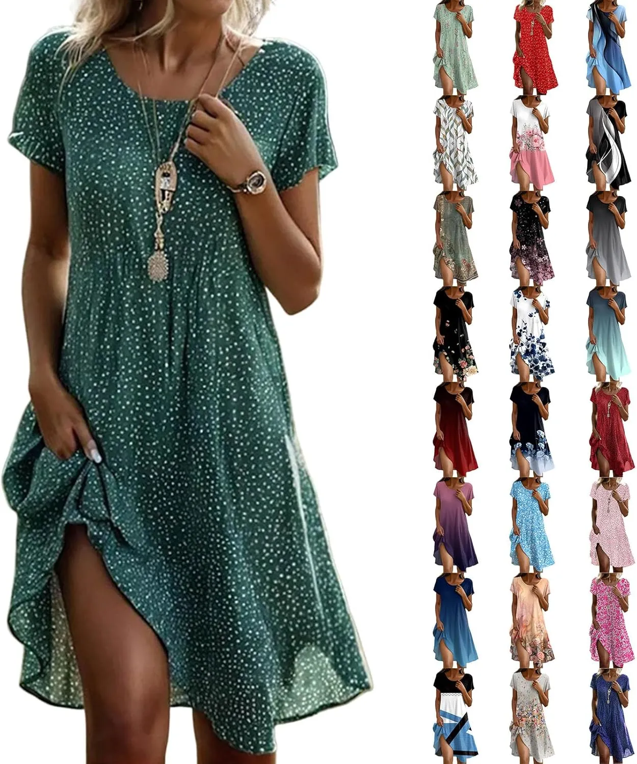 BAXLIMEK Beach Dresses for Women,2025 Summer Trendy Floral Print Boho Vacation Dress,Casual Short Sleeve Flowy Midi Dress