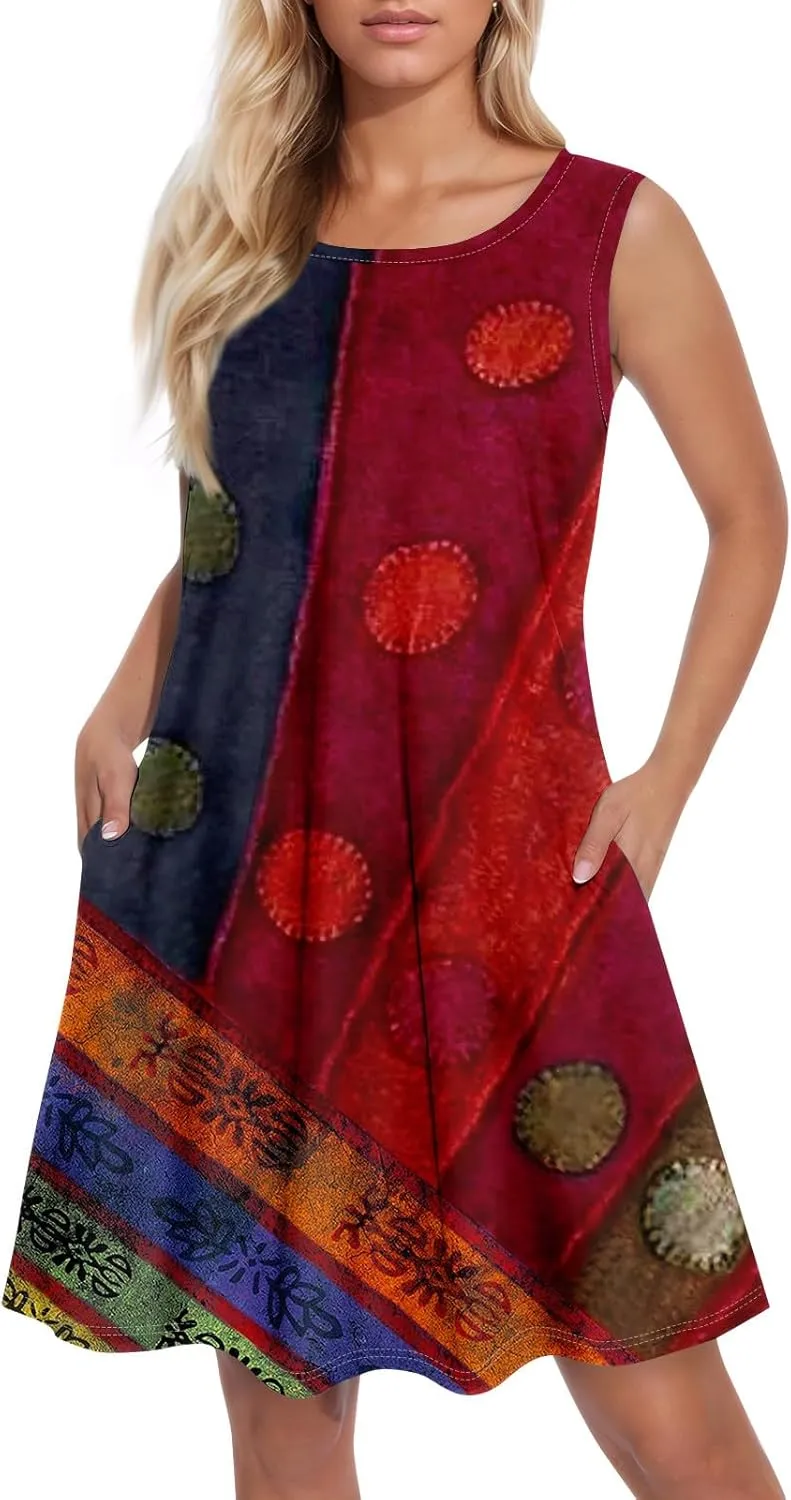 BAXLIMEK Sundresses for Women,2025 Spring Summer Casual Loose U Neck Mini Dress Trendy Flowy Ruched Print Beach T Shirt Dress