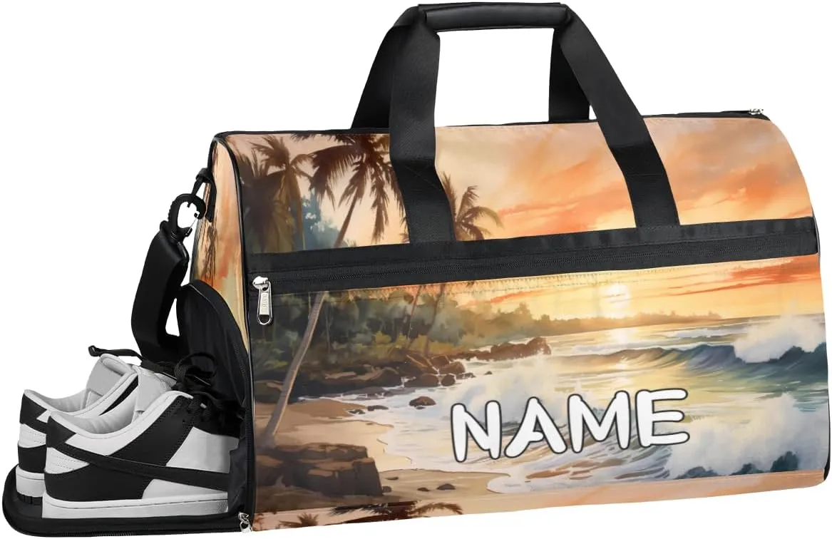 Beach Ocean Print Sports Gym Bag with Wet Pocket & Shoes Compartment Travel Duffel Bag for Women Men Custom Sports Gym Bag Personalized Overnight Stay Weekend Tote Beach Luggage