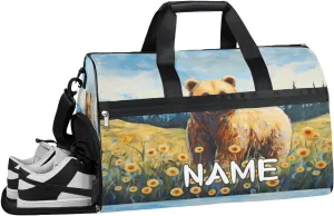 Bear Animal Sunflower Sports Gym Bag with Wet Pocket & Shoes Compartment Travel Duffel Bag for Women Men Custom Sports Gym Bag Personalized Overnight Stay Weekend Tote Beach Luggage