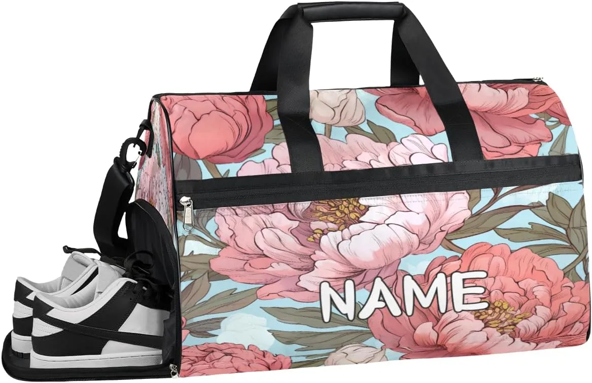Beautiful Peony Flowers Sports Gym Bag with Wet Pocket & Shoes Compartment Travel Duffel Bag for Women Men Custom Sports Gym Bag Personalized Overnight Stay Weekend Tote Beach Luggage