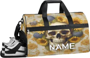 Beautiful Sunflower Skull Sports Gym Bag with Wet Pocket & Shoes Compartment Travel Duffel Bag for Women Men Custom Sports Gym Bag Personalized Overnight Stay Weekend Tote Beach Luggage
