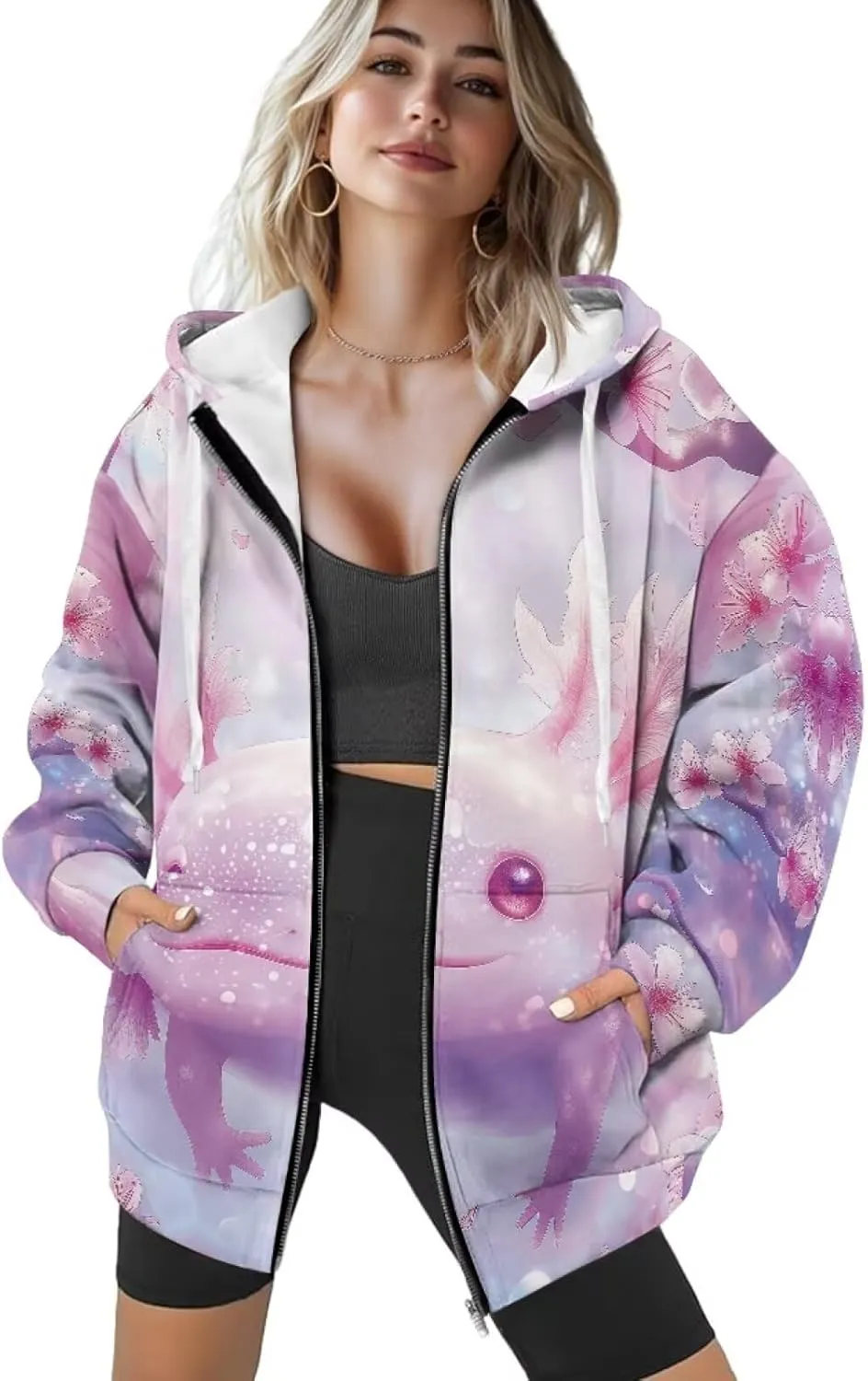 Binienty Hoodie Zip Up Women Oversized Sweatshirts Lightweight Casual Jacket Y2K Clothes Drawstring Hoody Streetwear