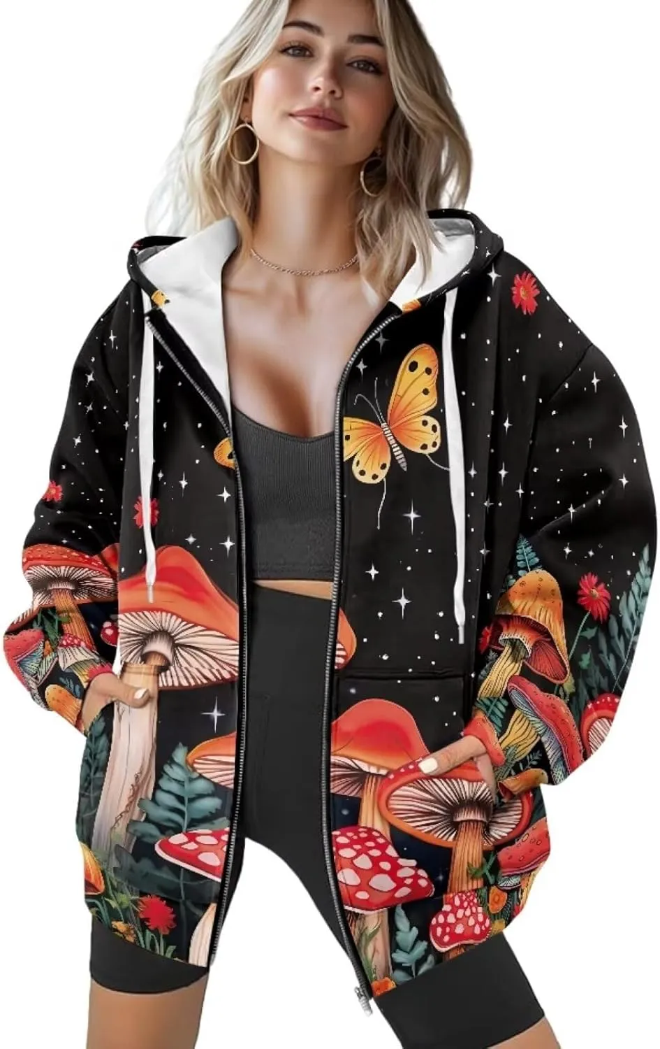 Binienty Hoodie Zip Up Women Oversized Sweatshirts Lightweight Casual Jacket Y2K Clothes Drawstring Hoody Streetwear