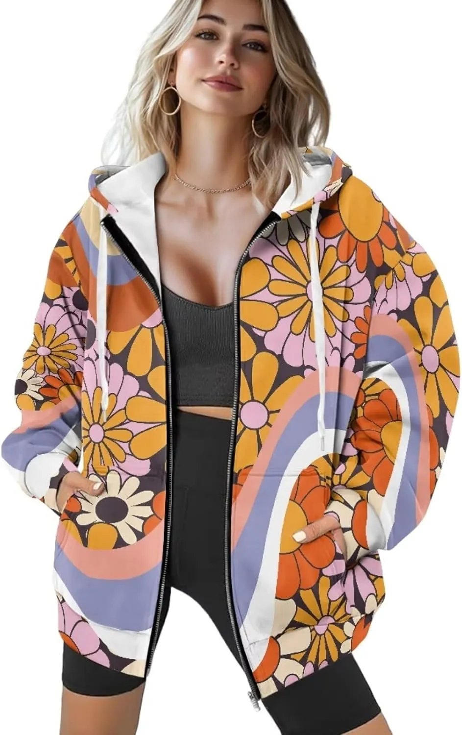 Binienty Hoodie Zip Up Women Oversized Sweatshirts Lightweight Casual Jacket Y2K Clothes Drawstring Hoody Streetwear