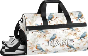 Birds Leaf Print Sports Gym Bag with Wet Pocket & Shoes Compartment Travel Duffel Bag for Women Men Custom Sports Gym Bag Personalized Overnight Stay Weekend Tote Beach Luggage