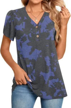 BISHUIGE 2025 Women's Summer Henley V-Neck Button Up Tunic Top Petal Sleeve Comfy Blouse Casual T-Shirt Sizes M-3XL
