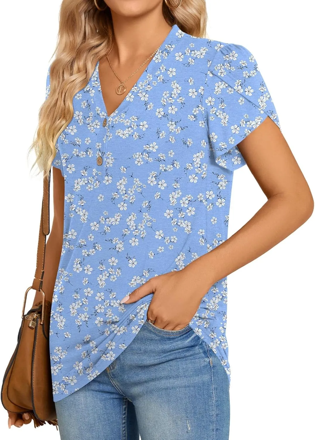 BISHUIGE 2025 Women's Summer Henley V-Neck Button Up Tunic Top Petal Sleeve Comfy Blouse Casual T-Shirt Sizes M-3XL