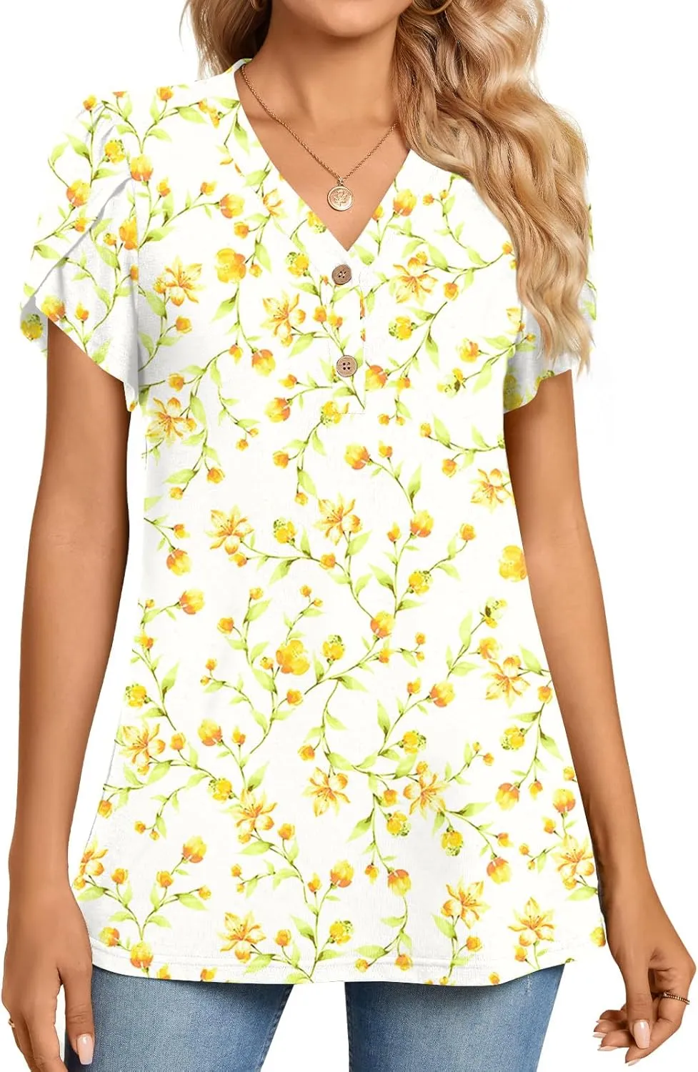 BISHUIGE 2025 Women's Summer Henley V-Neck Button Up Tunic Top Petal Sleeve Comfy Blouse Casual T-Shirt Sizes M-3XL