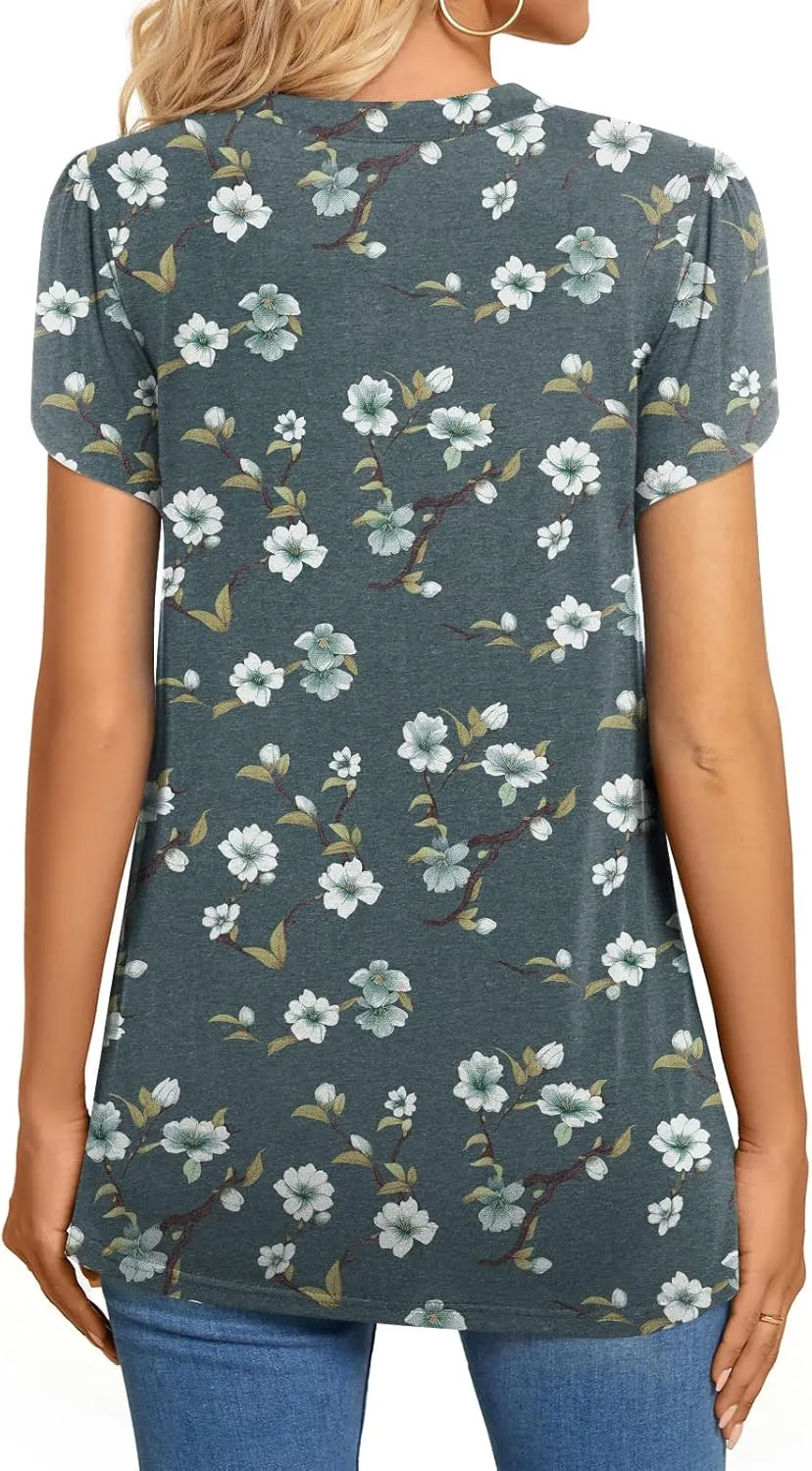 BISHUIGE 2025 Women's Summer Henley V-Neck Button Up Tunic Top Petal Sleeve Comfy Blouse Casual T-Shirt Sizes M-3XL
