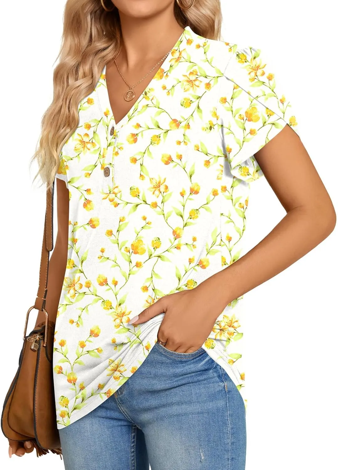 BISHUIGE 2025 Women's Summer Henley V-Neck Button Up Tunic Top Petal Sleeve Comfy Blouse Casual T-Shirt Sizes M-3XL