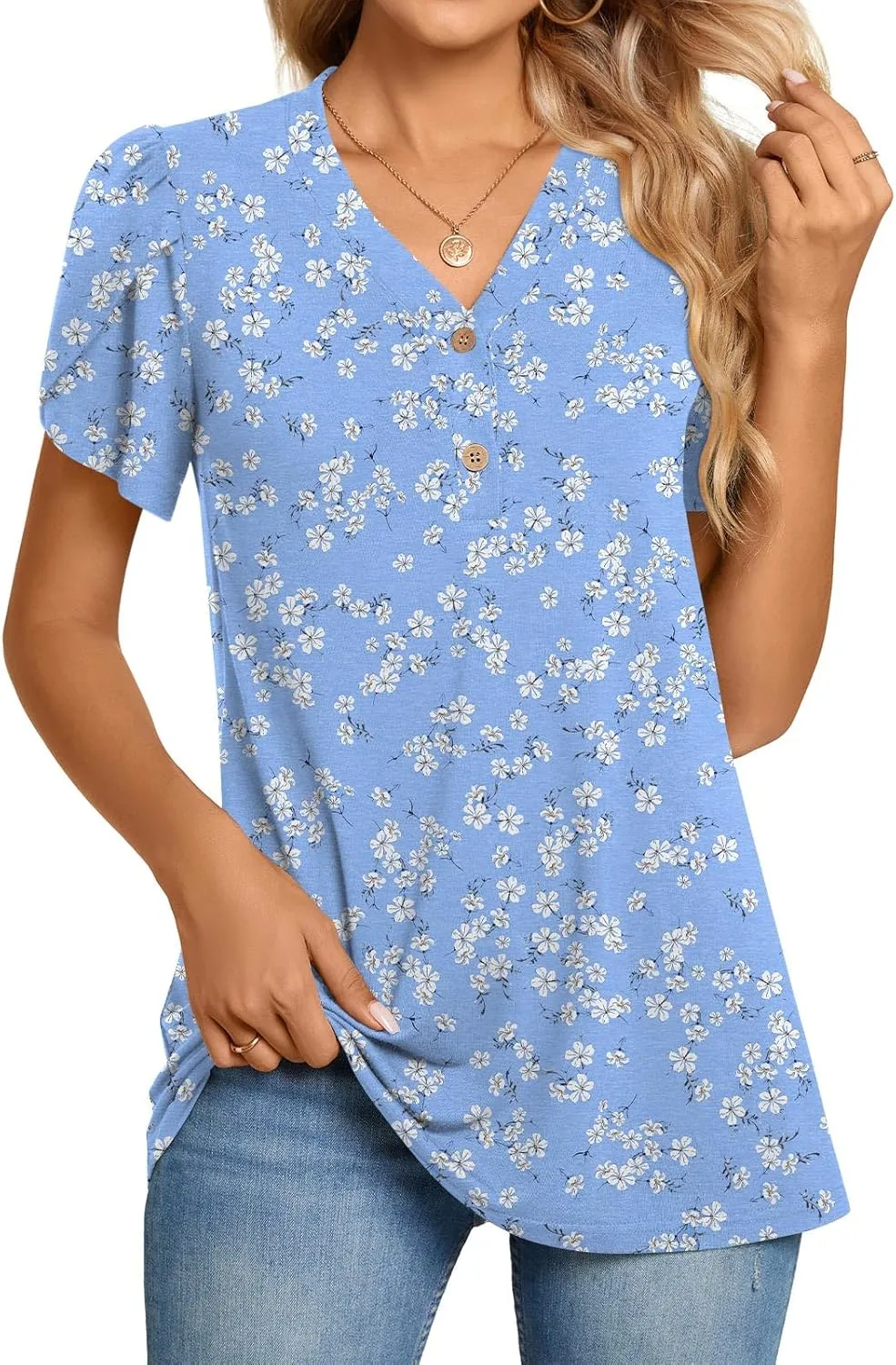 BISHUIGE 2025 Women's Summer Henley V-Neck Button Up Tunic Top Petal Sleeve Comfy Blouse Casual T-Shirt Sizes M-3XL