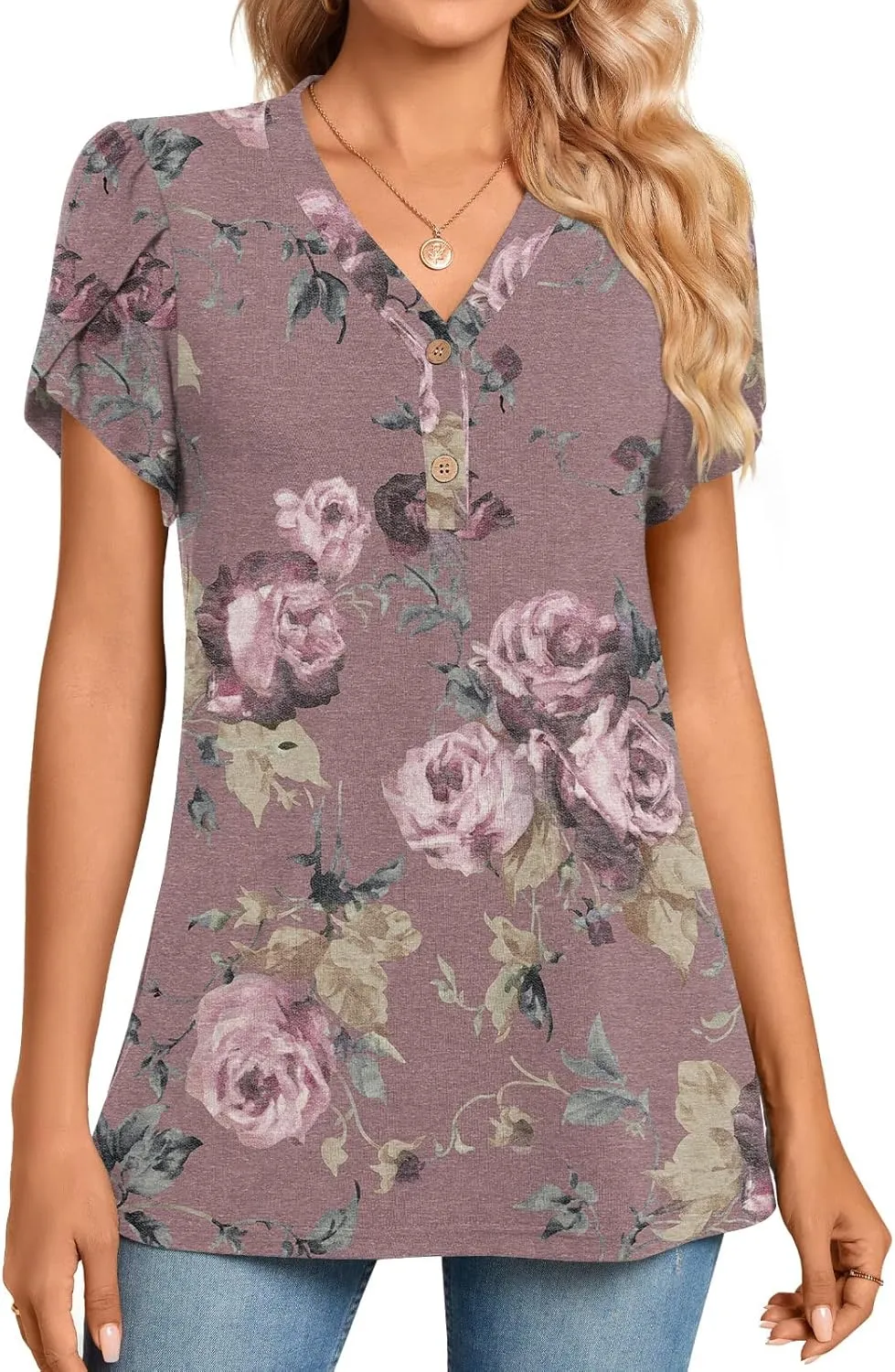 BISHUIGE 2025 Women's Summer Henley V-Neck Button Up Tunic Top Petal Sleeve Comfy Blouse Casual T-Shirt Sizes M-3XL