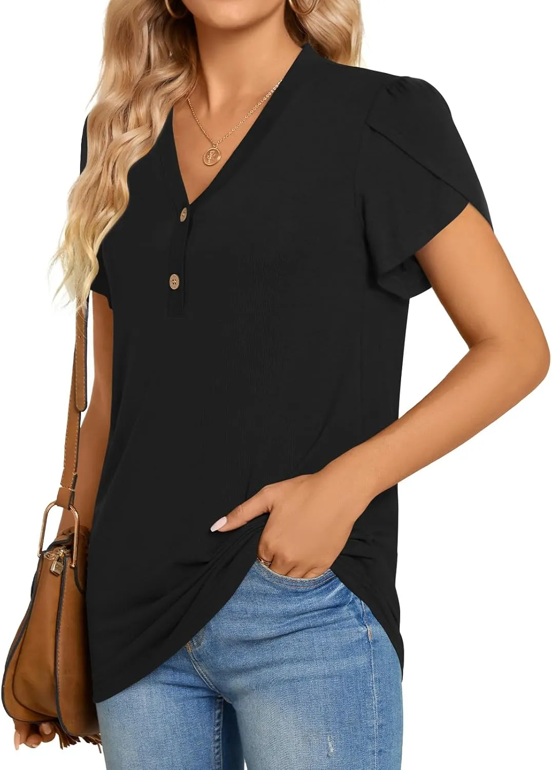 BISHUIGE 2025 Women's Summer Henley V-Neck Button Up Tunic Top Petal Sleeve Comfy Blouse Casual T-Shirt Sizes M-3XL