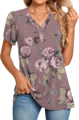 BISHUIGE 2025 Women's Summer Henley V-Neck Button Up Tunic Top Petal Sleeve Comfy Blouse Casual T-Shirt Sizes M-3XL