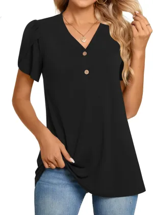 BISHUIGE 2025 Women's Summer Henley V-Neck Button Up Tunic Top Petal Sleeve Comfy Blouse Casual T-Shirt Sizes M-3XL