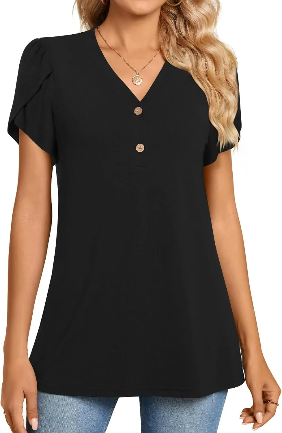 BISHUIGE 2025 Women's Summer Henley V-Neck Button Up Tunic Top Petal Sleeve Comfy Blouse Casual T-Shirt Sizes M-3XL