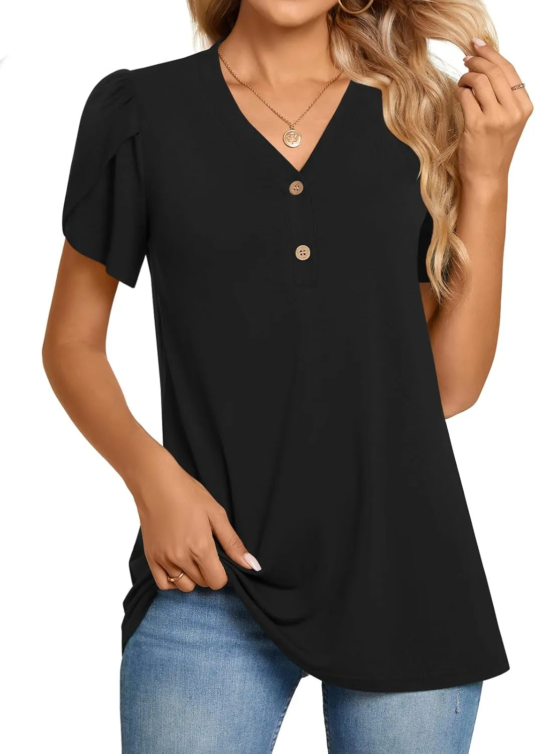 BISHUIGE 2025 Women's Summer Henley V-Neck Button Up Tunic Top Petal Sleeve Comfy Blouse Casual T-Shirt Sizes M-3XL