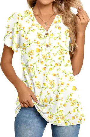 BISHUIGE 2025 Women's Summer Henley V-Neck Button Up Tunic Top Petal Sleeve Comfy Blouse Casual T-Shirt Sizes M-3XL