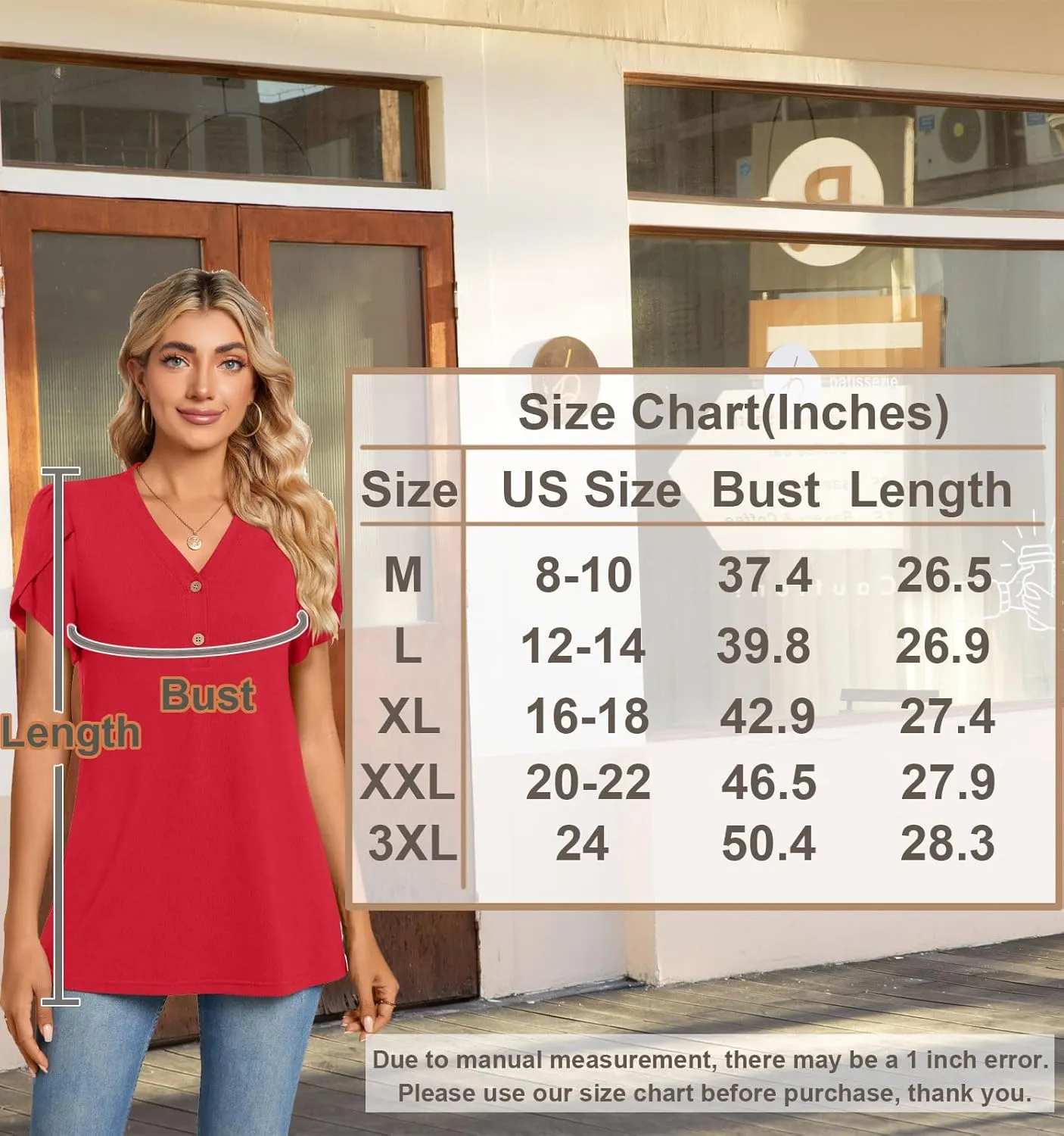 BISHUIGE 2025 Women's Summer Henley V-Neck Button Up Tunic Top Petal Sleeve Comfy Blouse Casual T-Shirt Sizes M-3XL