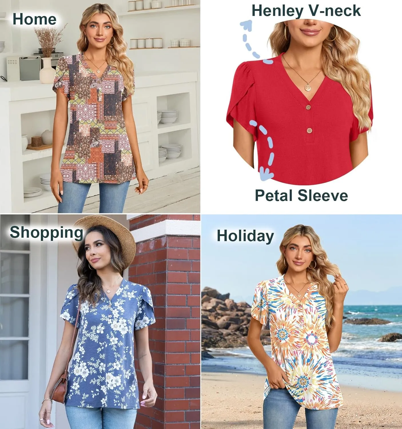 BISHUIGE 2025 Women's Summer Henley V-Neck Button Up Tunic Top Petal Sleeve Comfy Blouse Casual T-Shirt Sizes M-3XL
