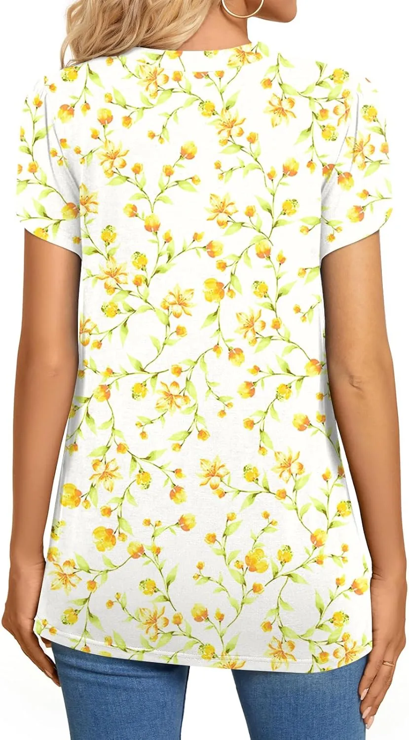 BISHUIGE 2025 Women's Summer Henley V-Neck Button Up Tunic Top Petal Sleeve Comfy Blouse Casual T-Shirt Sizes M-3XL