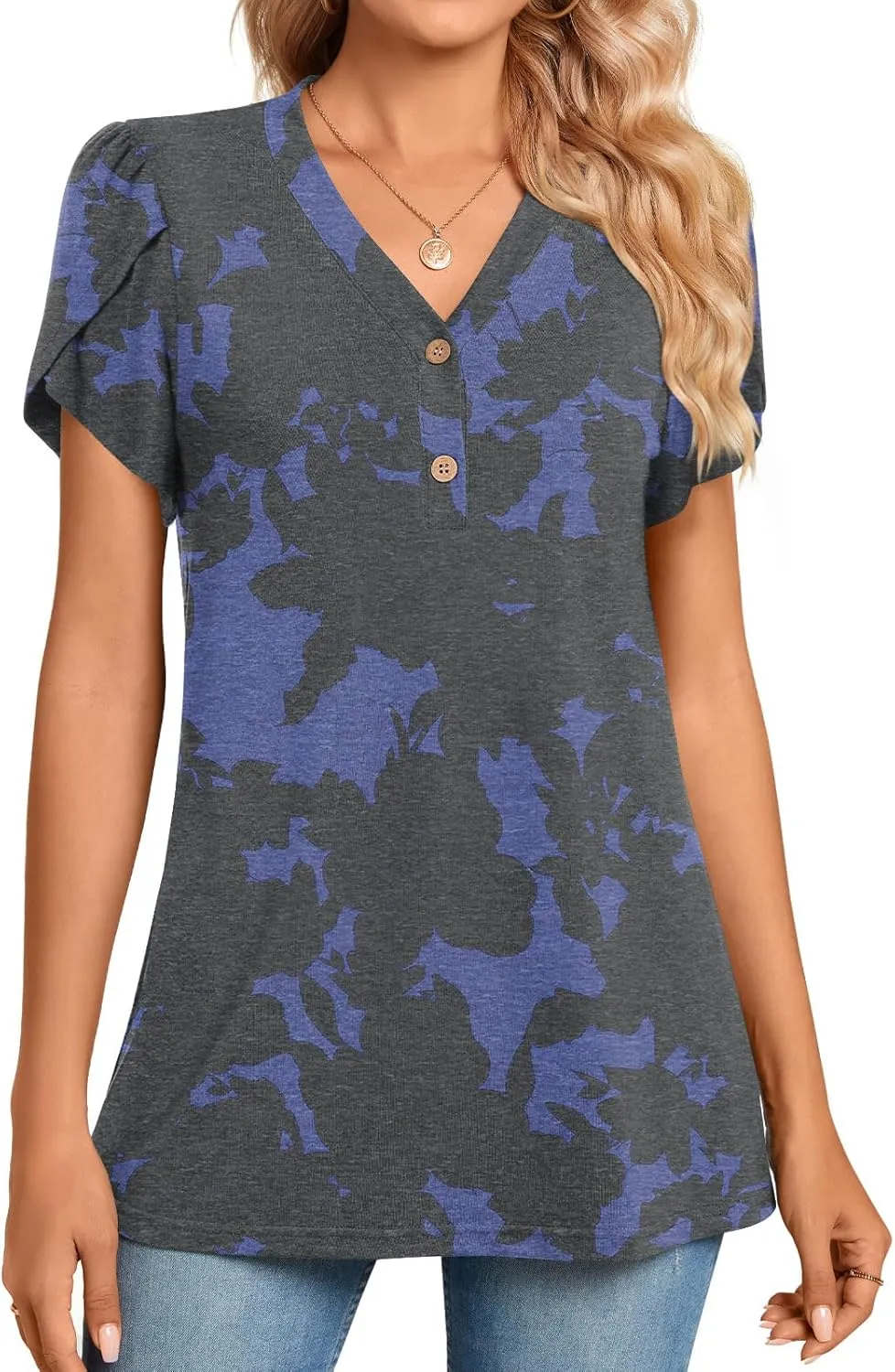 BISHUIGE 2025 Women's Summer Henley V-Neck Button Up Tunic Top Petal Sleeve Comfy Blouse Casual T-Shirt Sizes M-3XL