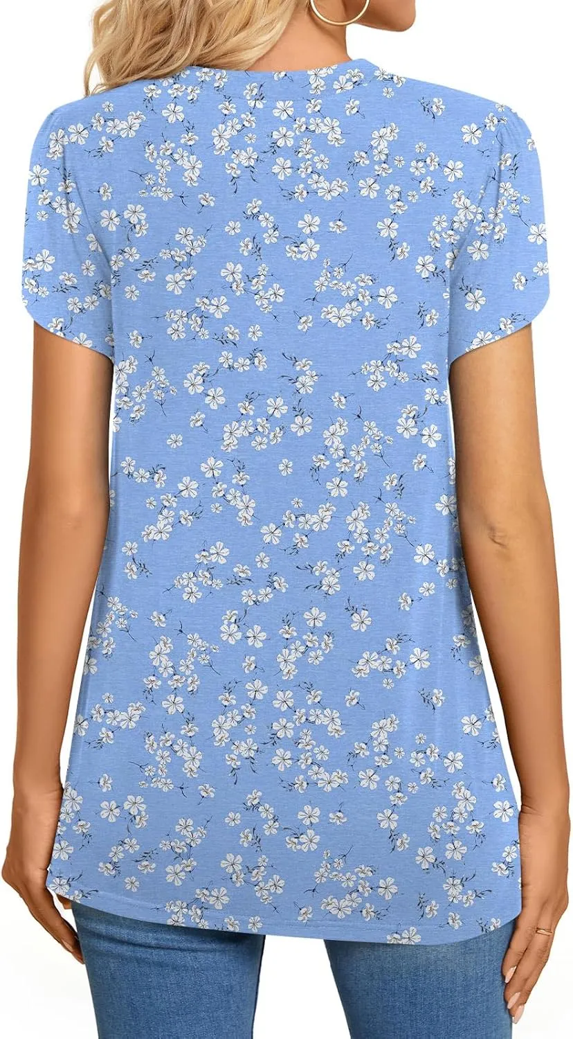 BISHUIGE 2025 Women's Summer Henley V-Neck Button Up Tunic Top Petal Sleeve Comfy Blouse Casual T-Shirt Sizes M-3XL