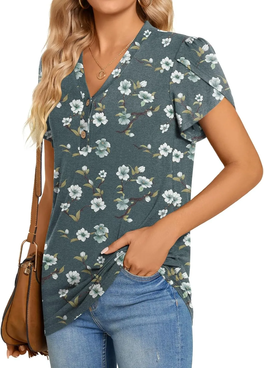 BISHUIGE 2025 Women's Summer Henley V-Neck Button Up Tunic Top Petal Sleeve Comfy Blouse Casual T-Shirt Sizes M-3XL
