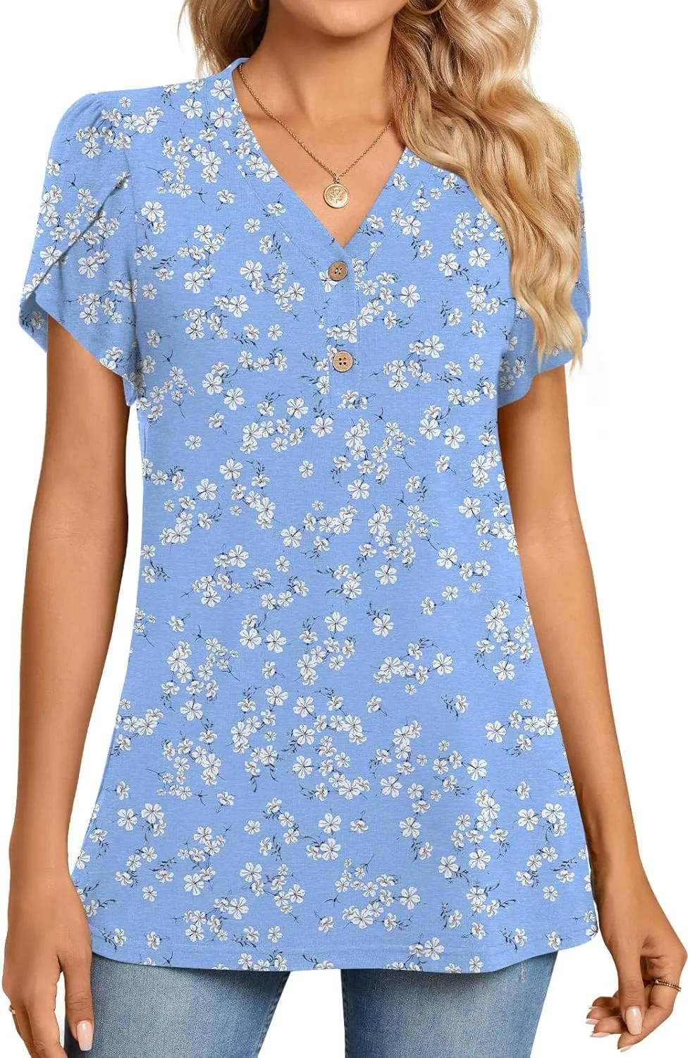 BISHUIGE 2025 Women's Summer Henley V-Neck Button Up Tunic Top Petal Sleeve Comfy Blouse Casual T-Shirt Sizes M-3XL