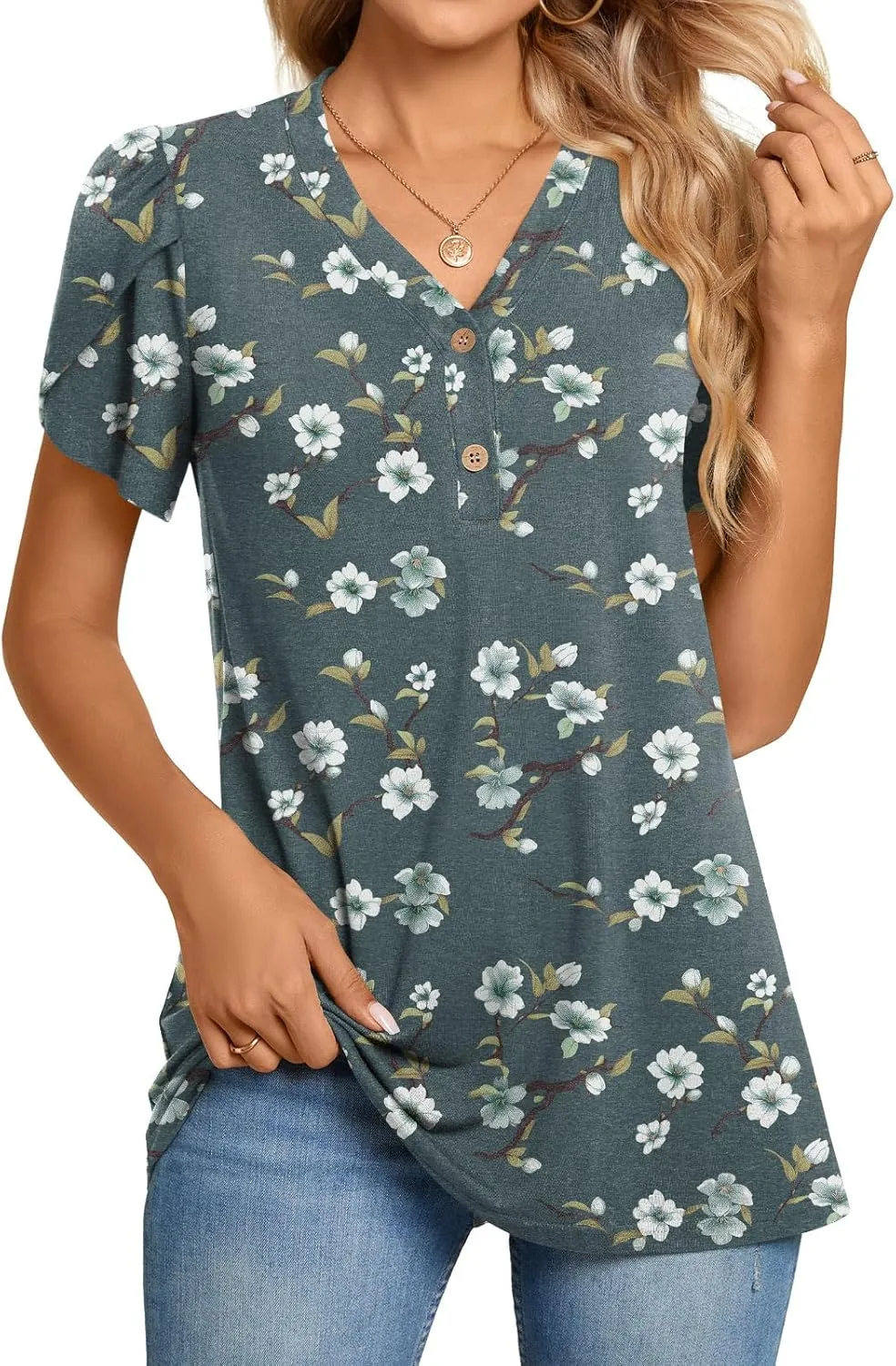 BISHUIGE 2025 Women's Summer Henley V-Neck Button Up Tunic Top Petal Sleeve Comfy Blouse Casual T-Shirt Sizes M-3XL