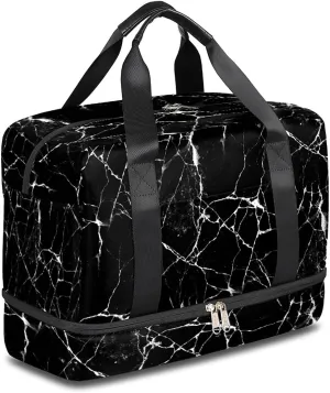 Black Marble Sports Gym Bag with Shoes Compartment,Chic Marble Print Travel Duffel Bag for Men Women Boys Girls Teens Overnight Weekend Yoga Workout Bag Training Handbag