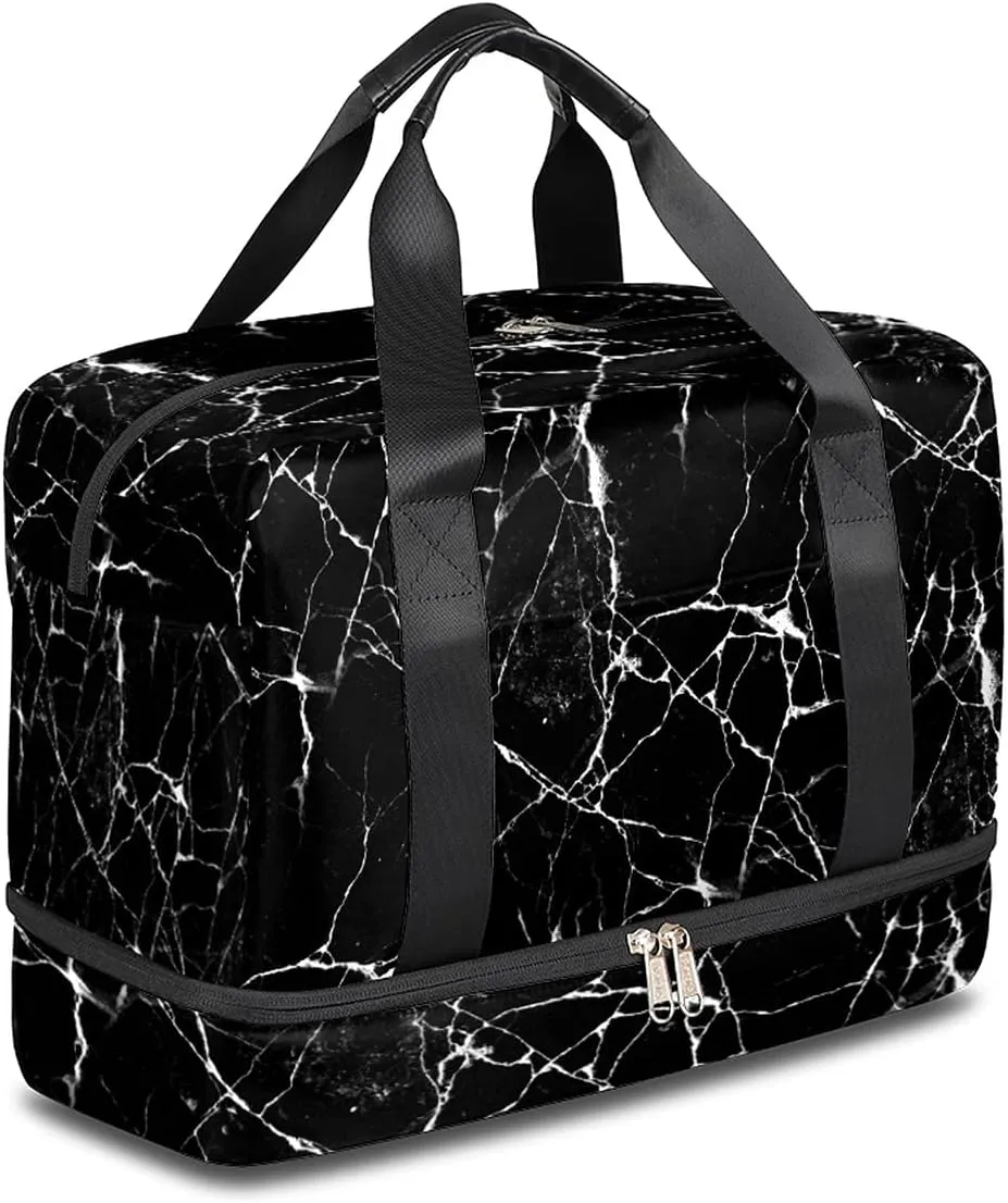 Black Marble Sports Gym Bag with Shoes Compartment,Chic Marble Print Travel Duffel Bag for Men Women Boys Girls Teens Overnight Weekend Yoga Workout Bag Training Handbag