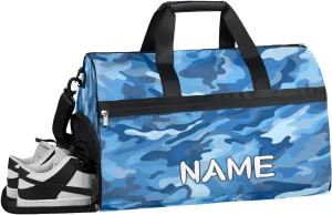 Blue Camouflage Pattern Sports Gym Bag with Wet Pocket & Shoes Compartment Travel Duffel Bag for Women Men Custom Sports Gym Bag Personalized Overnight Stay Weekend Tote Beach Luggage
